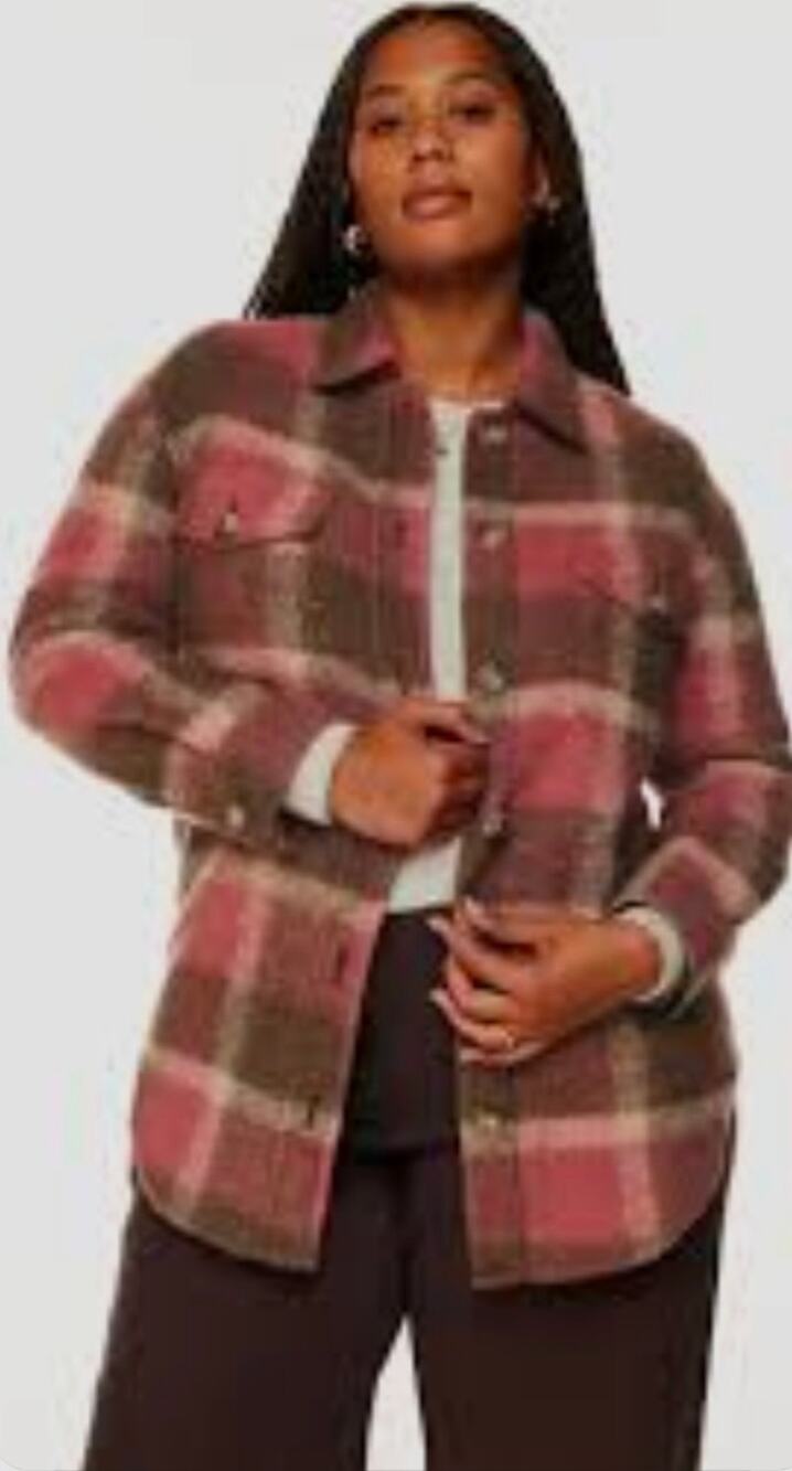 Aritzia Wilfred Free The Ganna Shirt Pink Grey Plaid Button‑Up Shacket Sz M Wool